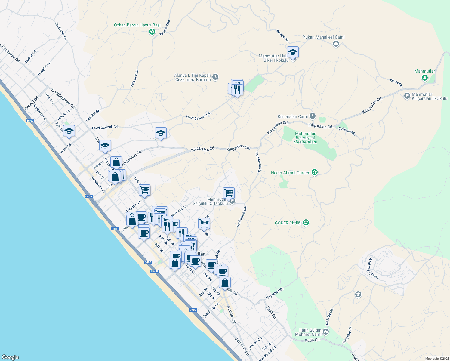 map of restaurants, bars, coffee shops, grocery stores, and more near 30 Sinan Paşa Caddesi in Alanya