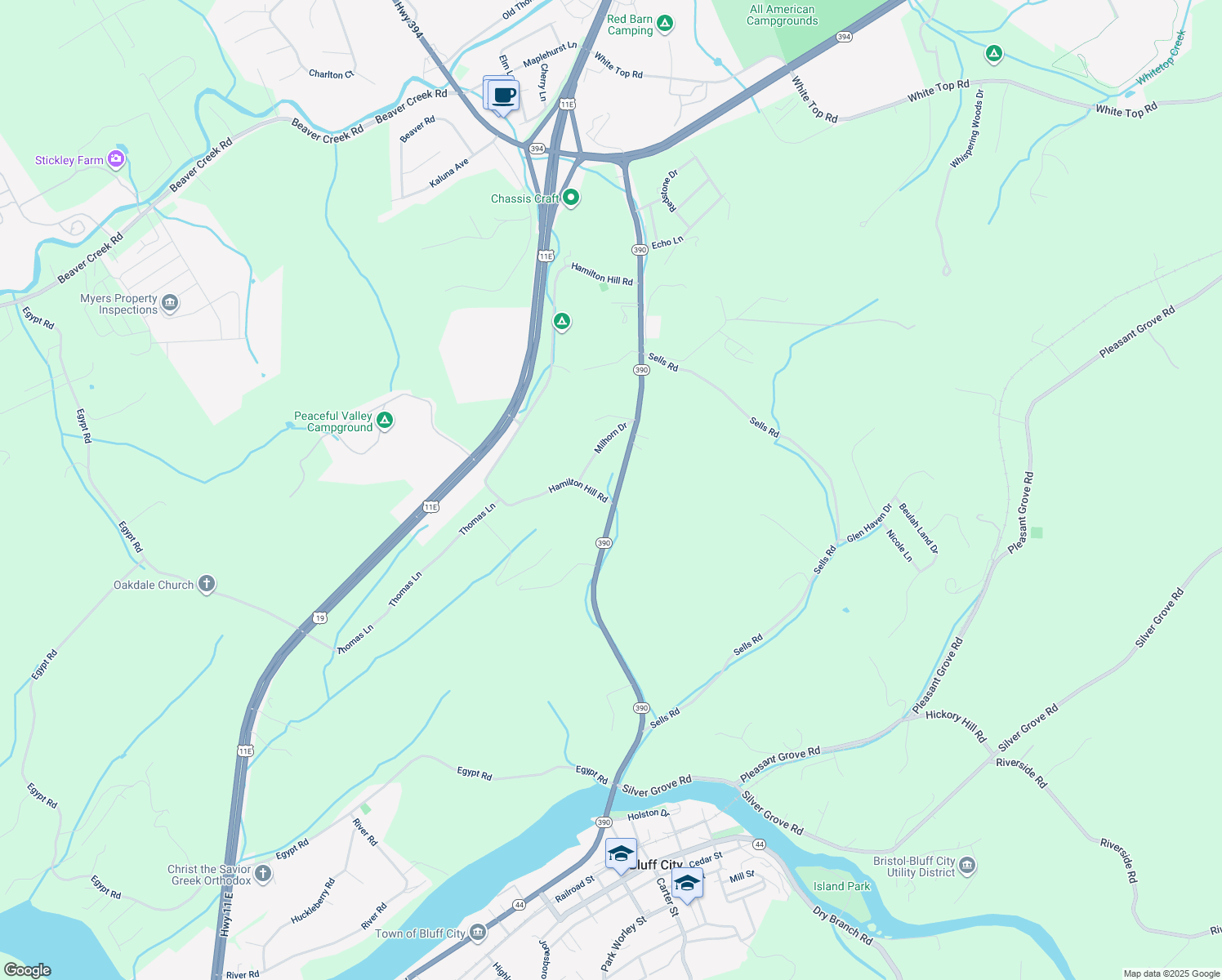 map of restaurants, bars, coffee shops, grocery stores, and more near 3730 Bluff City Highway in Bluff City