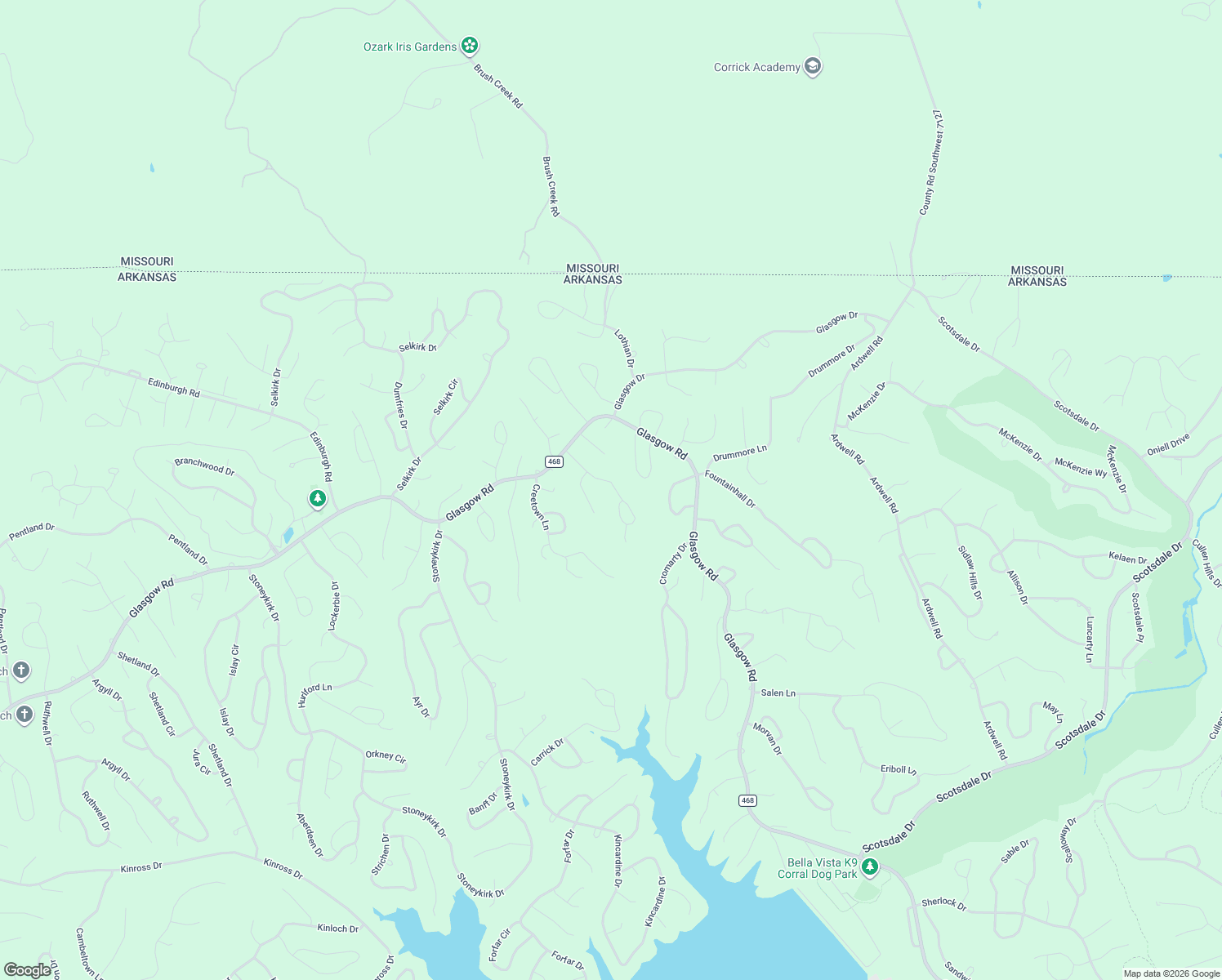 map of restaurants, bars, coffee shops, grocery stores, and more near 20 Roxburgh Drive in Bella Vista