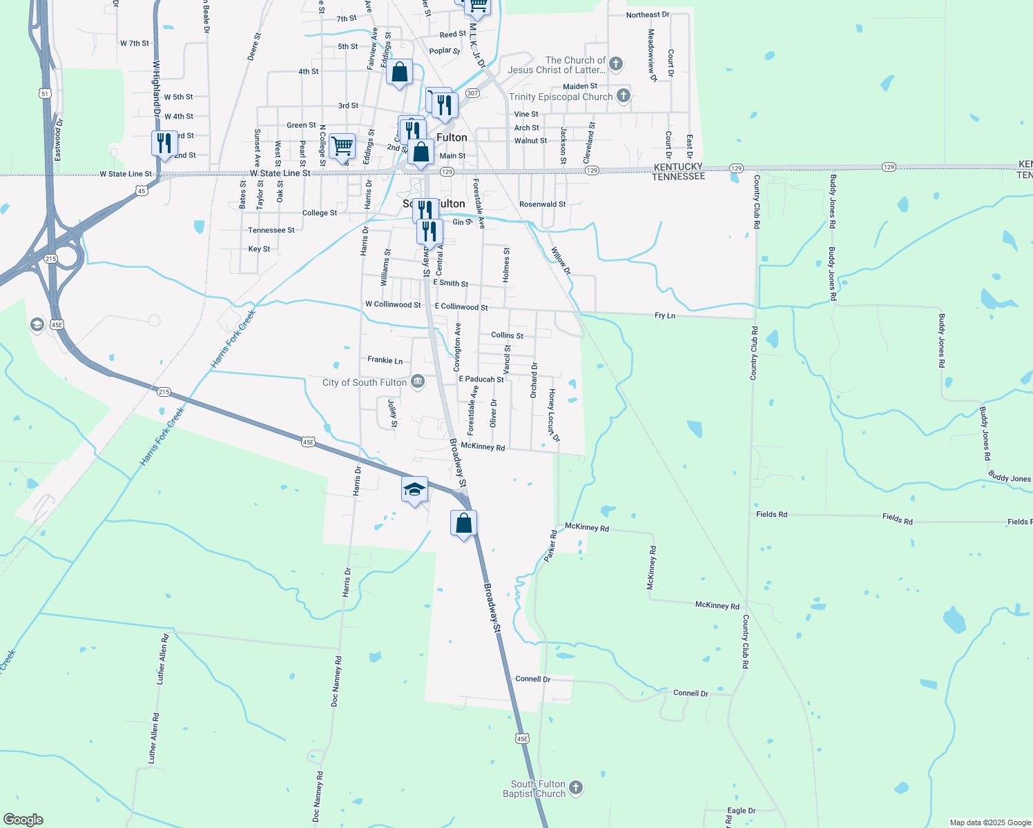 map of restaurants, bars, coffee shops, grocery stores, and more near 505 Vancil Street in South Fulton