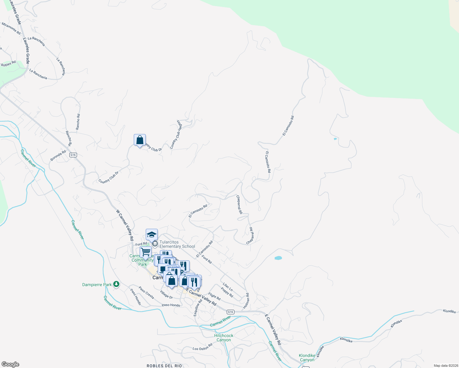 map of restaurants, bars, coffee shops, grocery stores, and more near 330 El Caminito Road in Carmel Valley