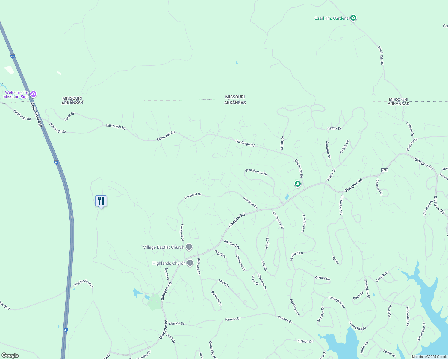 map of restaurants, bars, coffee shops, grocery stores, and more near 9 Shona Lane in Bella Vista