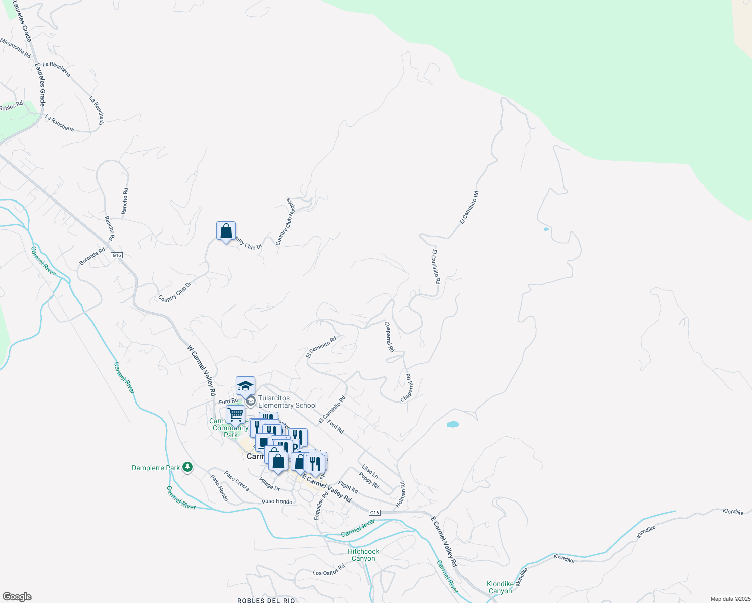 map of restaurants, bars, coffee shops, grocery stores, and more near 320 El Caminito Road in Carmel Valley