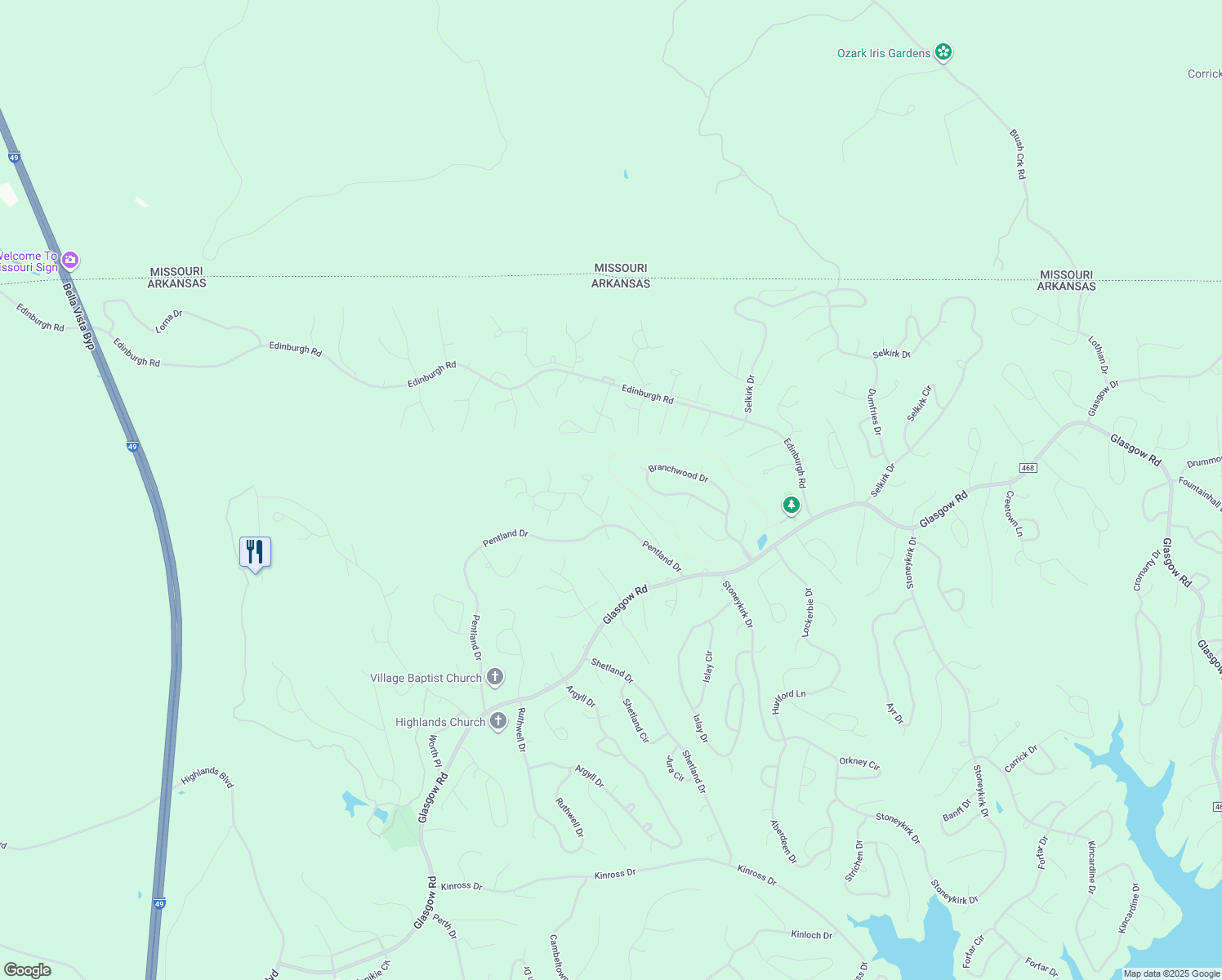 map of restaurants, bars, coffee shops, grocery stores, and more near 9 Shona Lane in Bella Vista