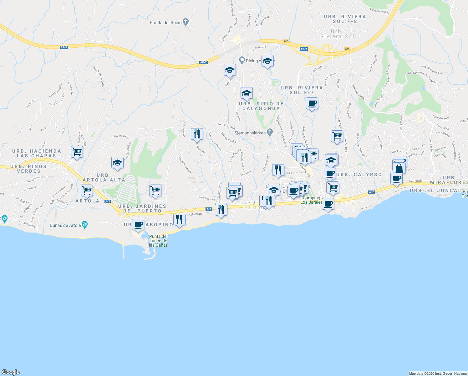 map of restaurants, bars, coffee shops, grocery stores, and more near 145 Avenida de España in Calahonda
