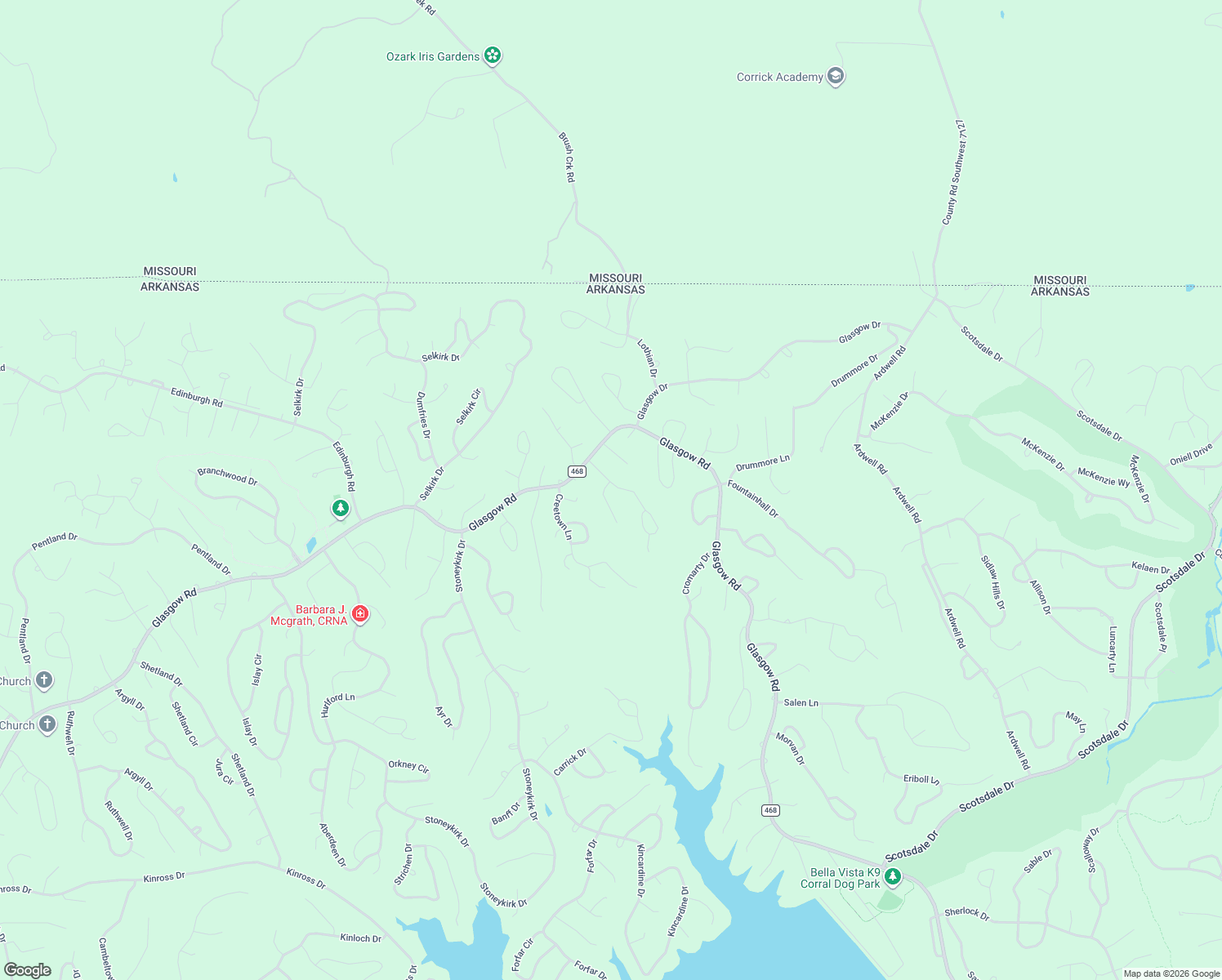 map of restaurants, bars, coffee shops, grocery stores, and more near 12 Roxburgh Drive in Bella Vista