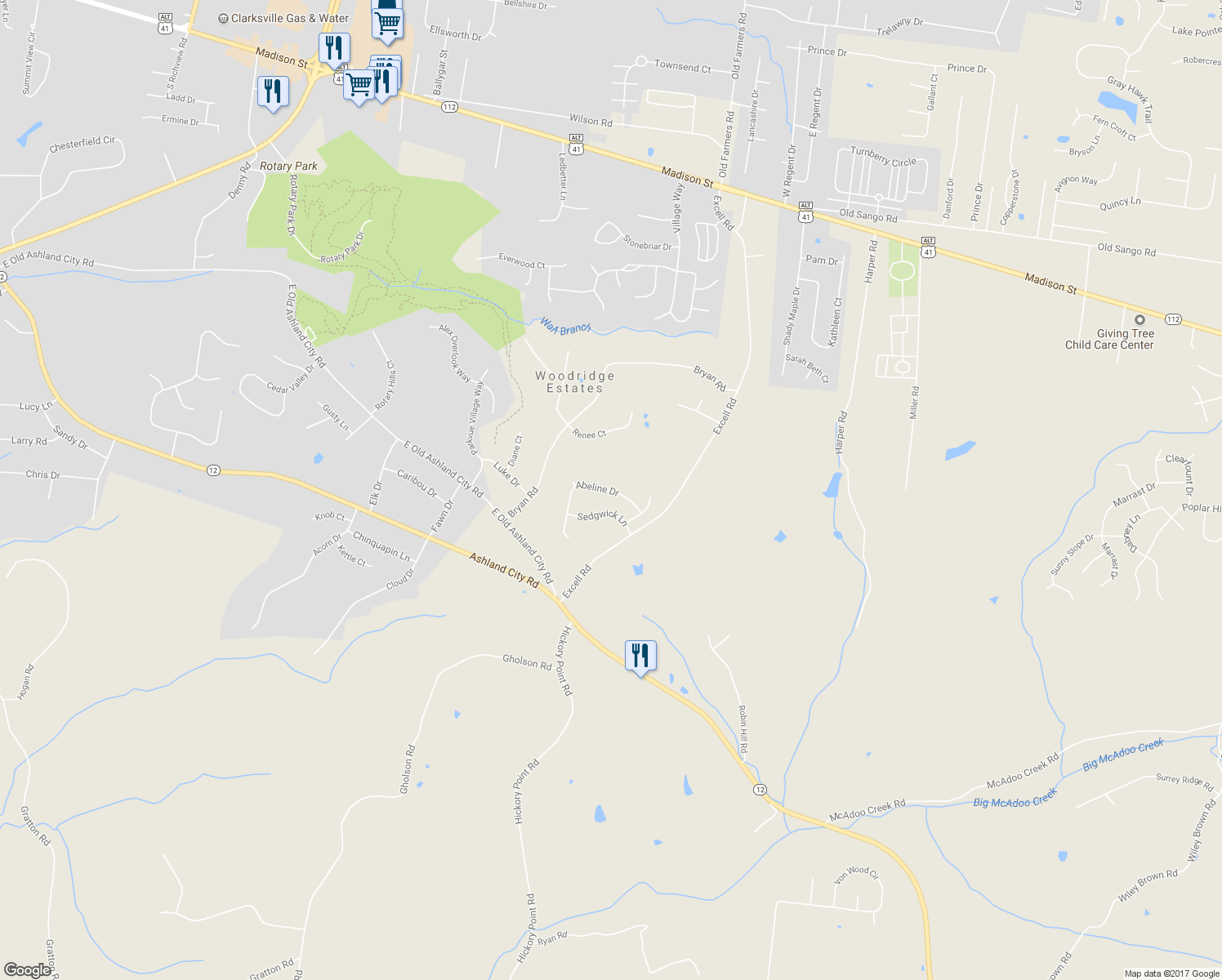 map of restaurants, bars, coffee shops, grocery stores, and more near 438 Excell Road in Clarksville