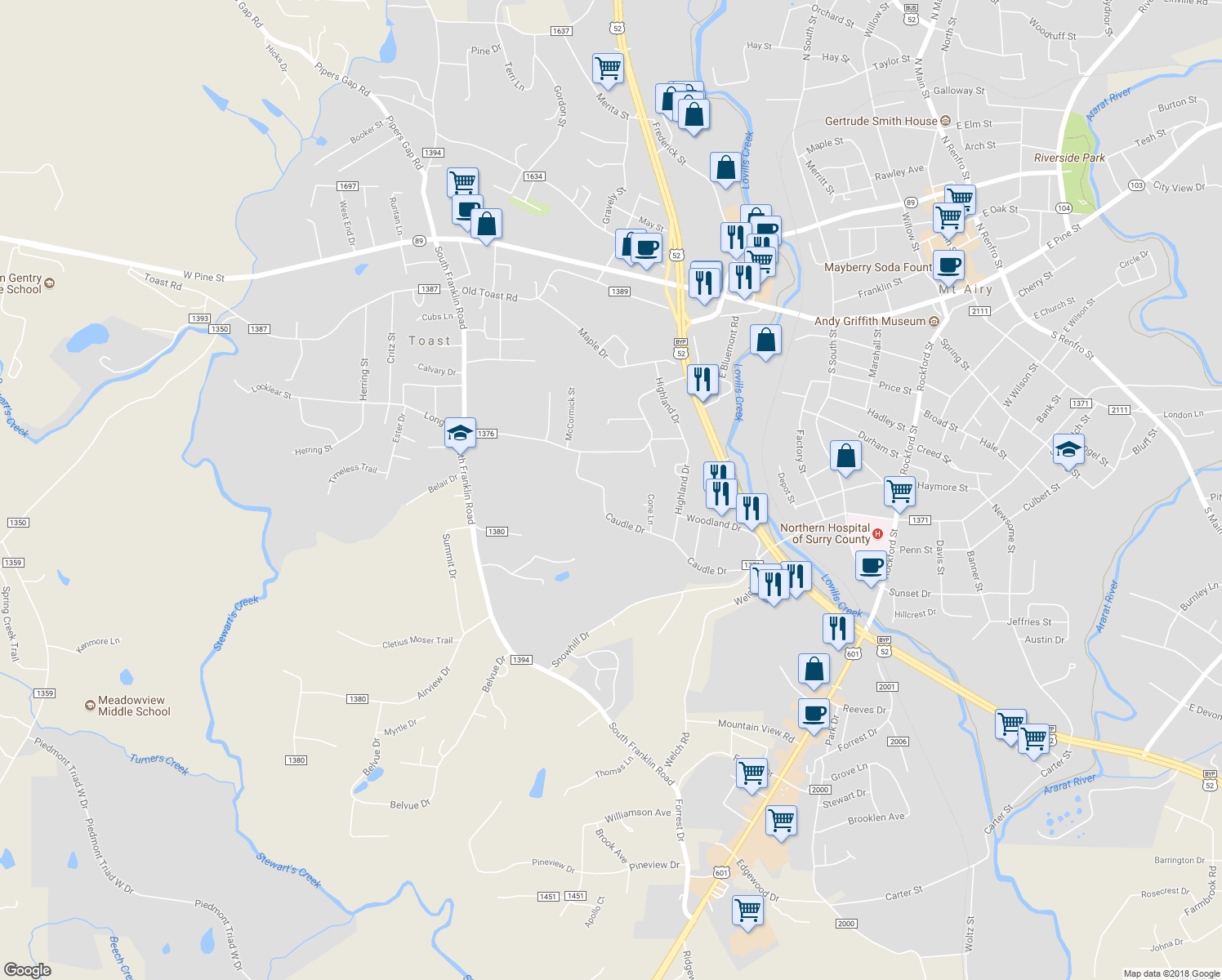 map of restaurants, bars, coffee shops, grocery stores, and more near 2153 Caudle Drive in Mount Airy