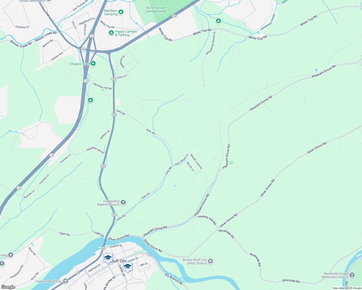 map of restaurants, bars, coffee shops, grocery stores, and more near 526 Blanches View Drive in Bluff City