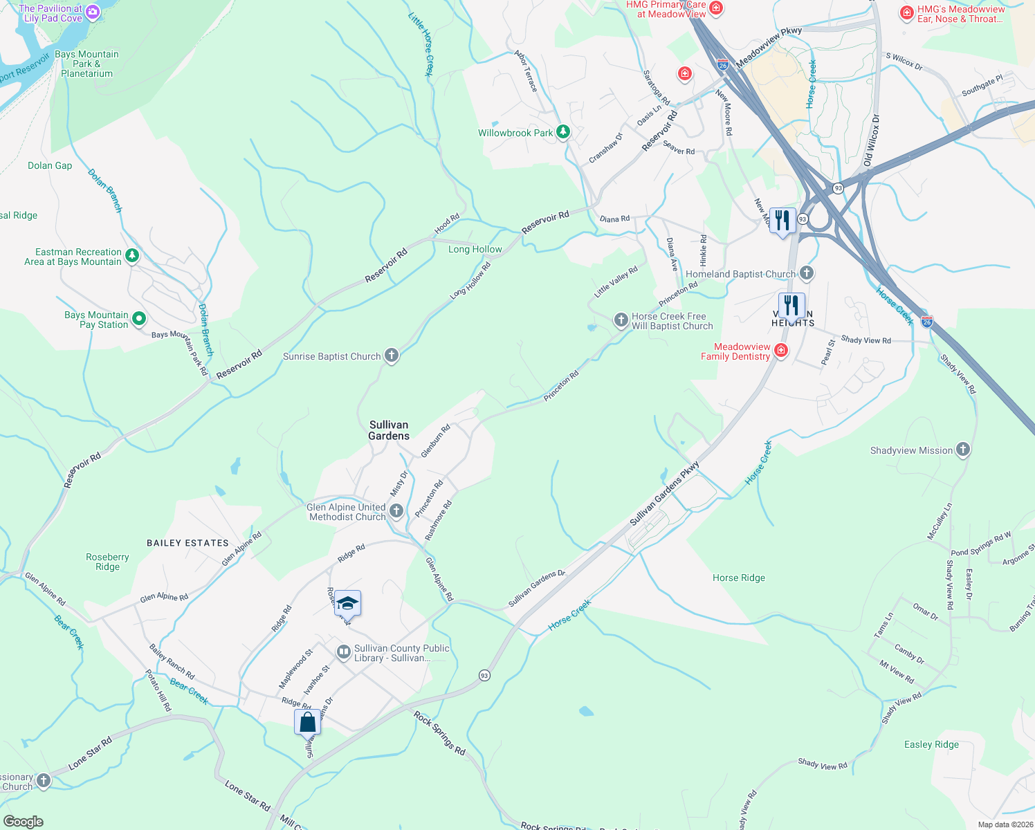 map of restaurants, bars, coffee shops, grocery stores, and more near 3023 Princeton Road in Kingsport