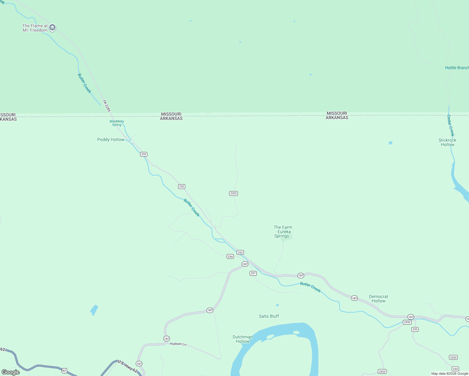 map of restaurants, bars, coffee shops, grocery stores, and more near County Road 2322 in Eureka Springs