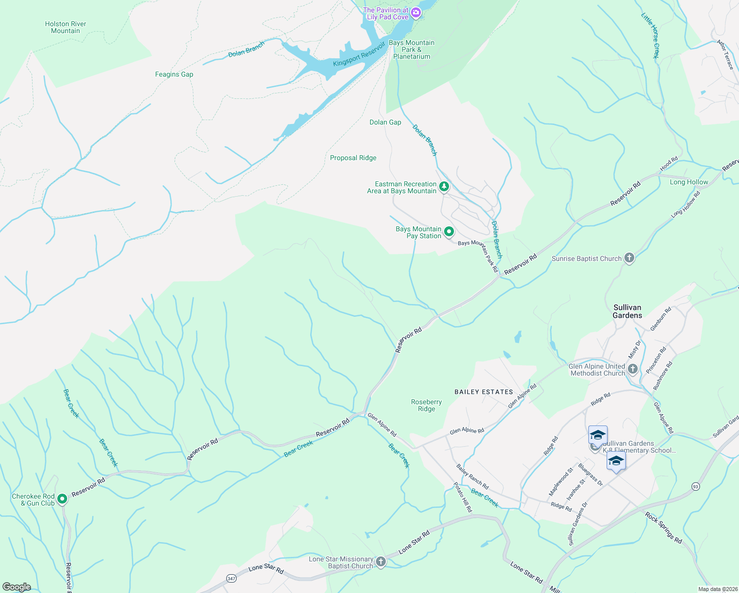 map of restaurants, bars, coffee shops, grocery stores, and more near 269 Bays Mountain Trail in Kingsport