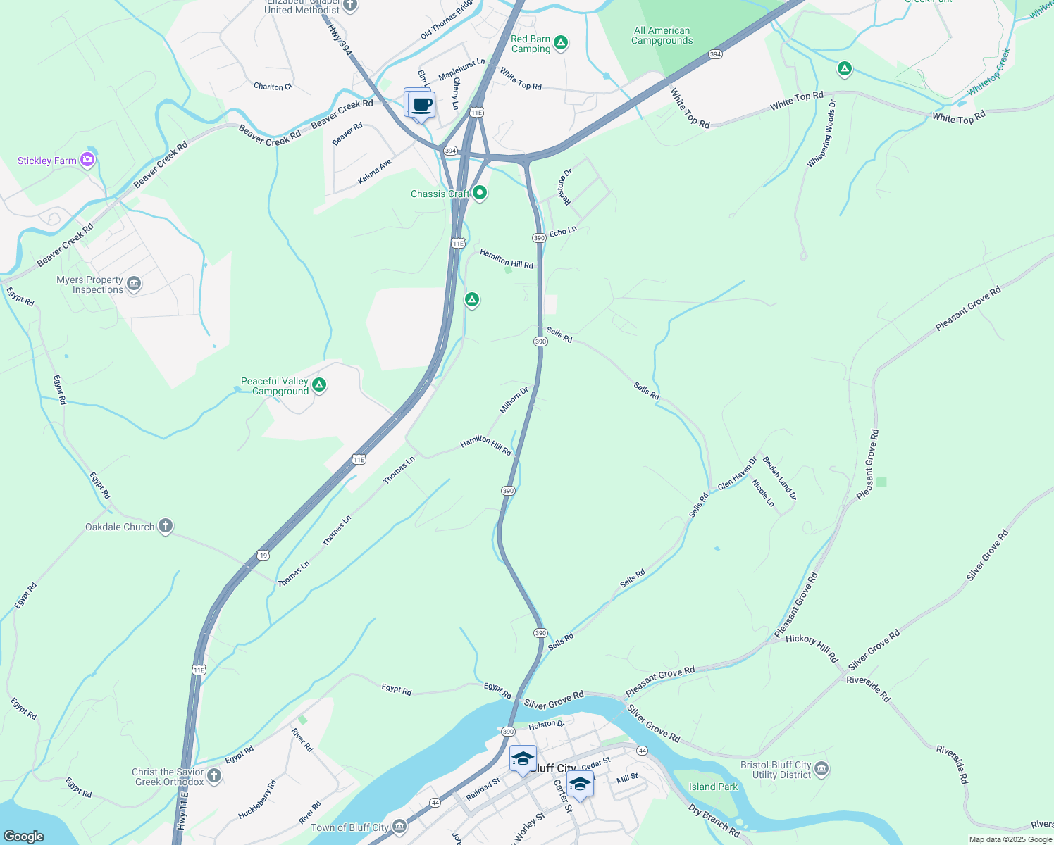 map of restaurants, bars, coffee shops, grocery stores, and more near 3730 Bluff City Highway in Bluff City