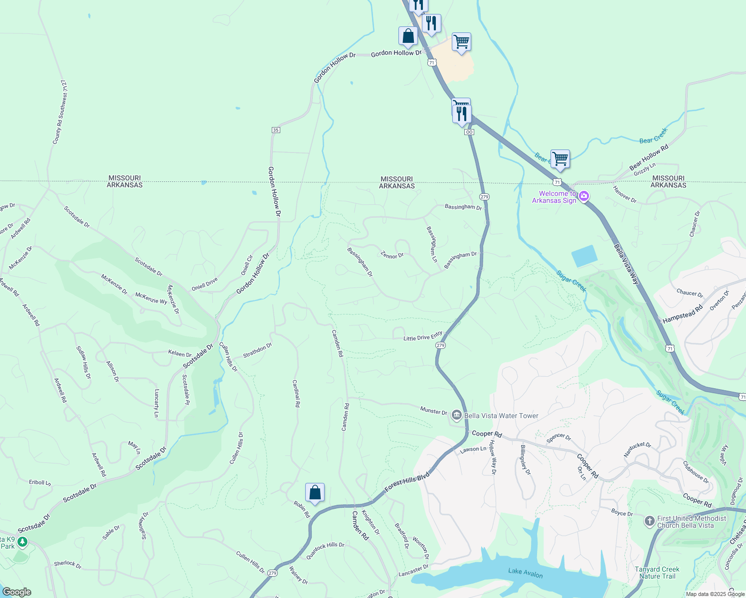 map of restaurants, bars, coffee shops, grocery stores, and more near 1 Severn Lane in Bella Vista