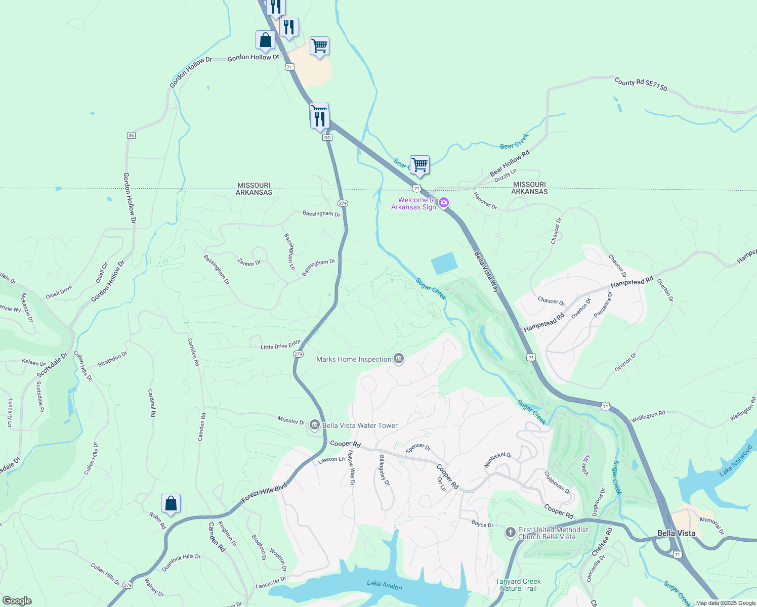 map of restaurants, bars, coffee shops, grocery stores, and more near 39 Cambria Drive in Bella Vista