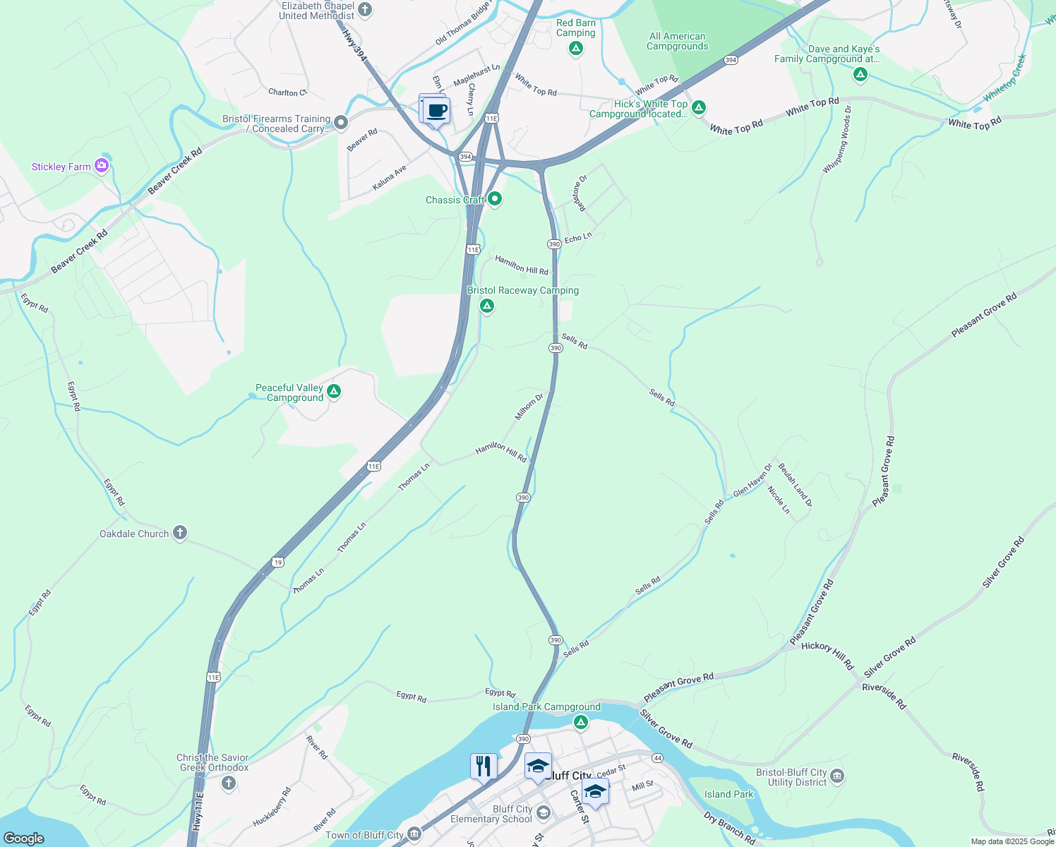 map of restaurants, bars, coffee shops, grocery stores, and more near 157 Milhorn Drive in Bluff City