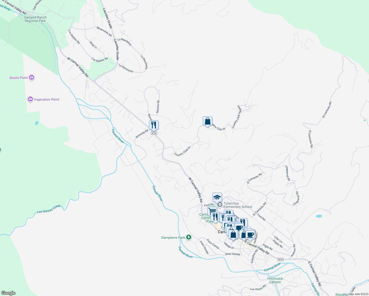 map of restaurants, bars, coffee shops, grocery stores, and more near 150 Terrace Way in Carmel Valley