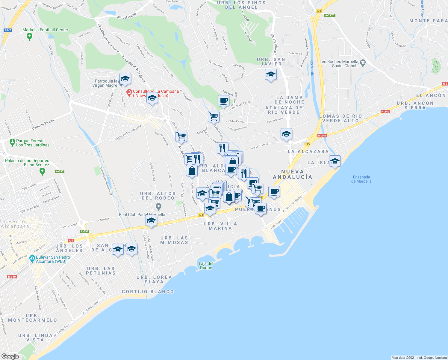 map of restaurants, bars, coffee shops, grocery stores, and more near 1 Urbanizacion N Andal Malabo in Marbella