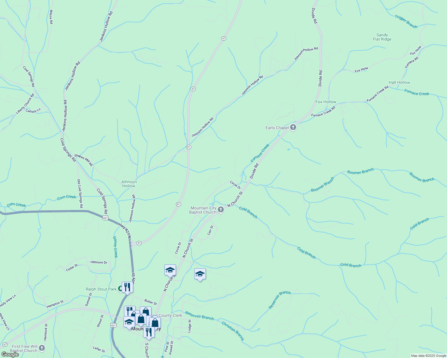 map of restaurants, bars, coffee shops, grocery stores, and more near 128 Circle View Drive in Mountain City