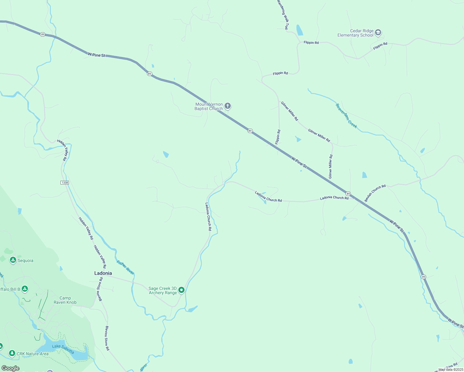 map of restaurants, bars, coffee shops, grocery stores, and more near 596 Ladonia Church Road in Mount Airy