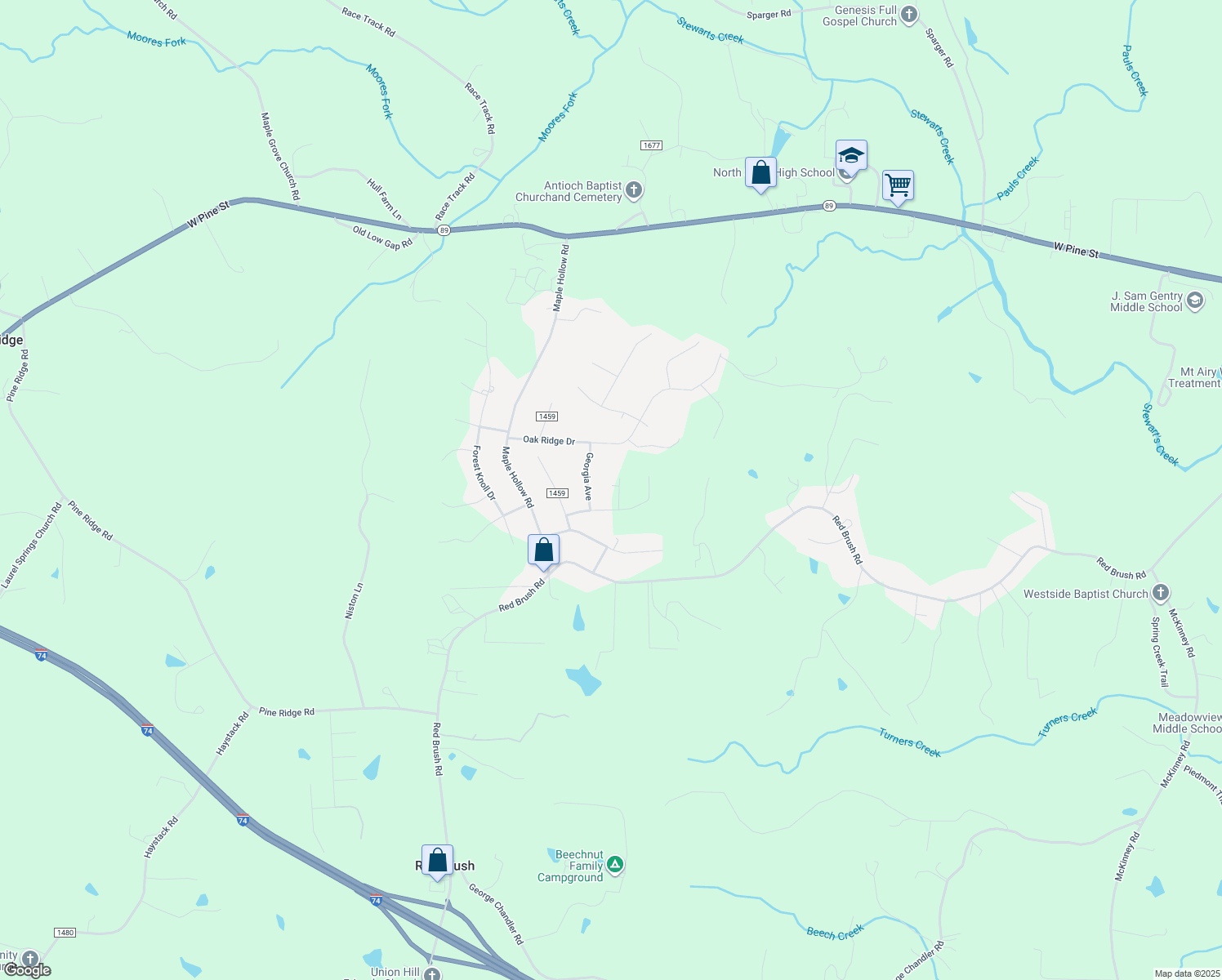 map of restaurants, bars, coffee shops, grocery stores, and more near 127 Nevada Avenue in Mount Airy