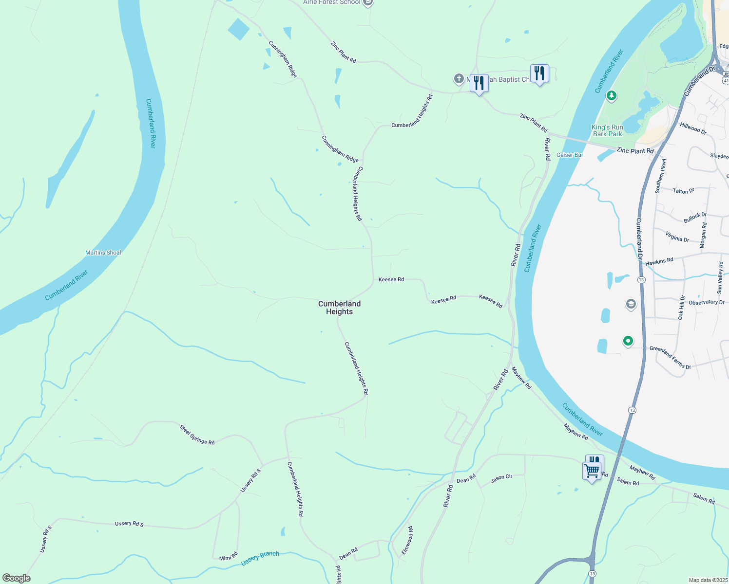 map of restaurants, bars, coffee shops, grocery stores, and more near Cumberland Heights Road in Clarksville