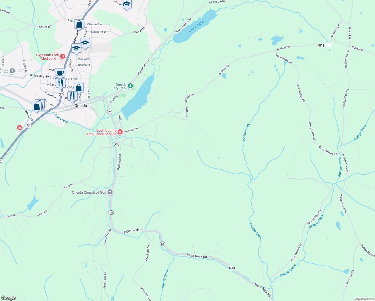 map of restaurants, bars, coffee shops, grocery stores, and more near 1095 Stanley Creek Road in Oneida