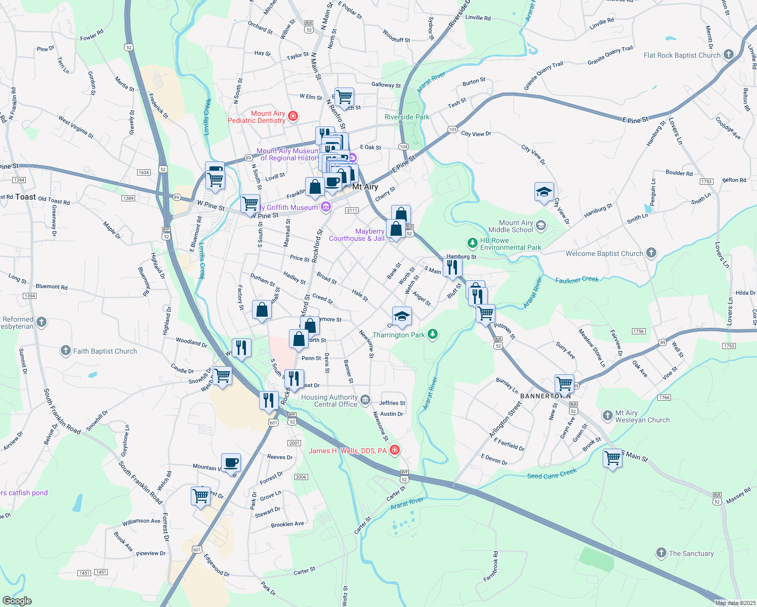 map of restaurants, bars, coffee shops, grocery stores, and more near 328 Worth Street in Mount Airy