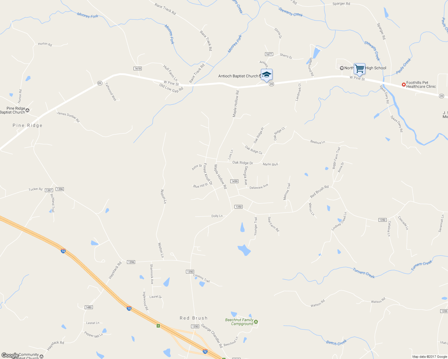 map of restaurants, bars, coffee shops, grocery stores, and more near 228 Maple Hollow Road in Mount Airy