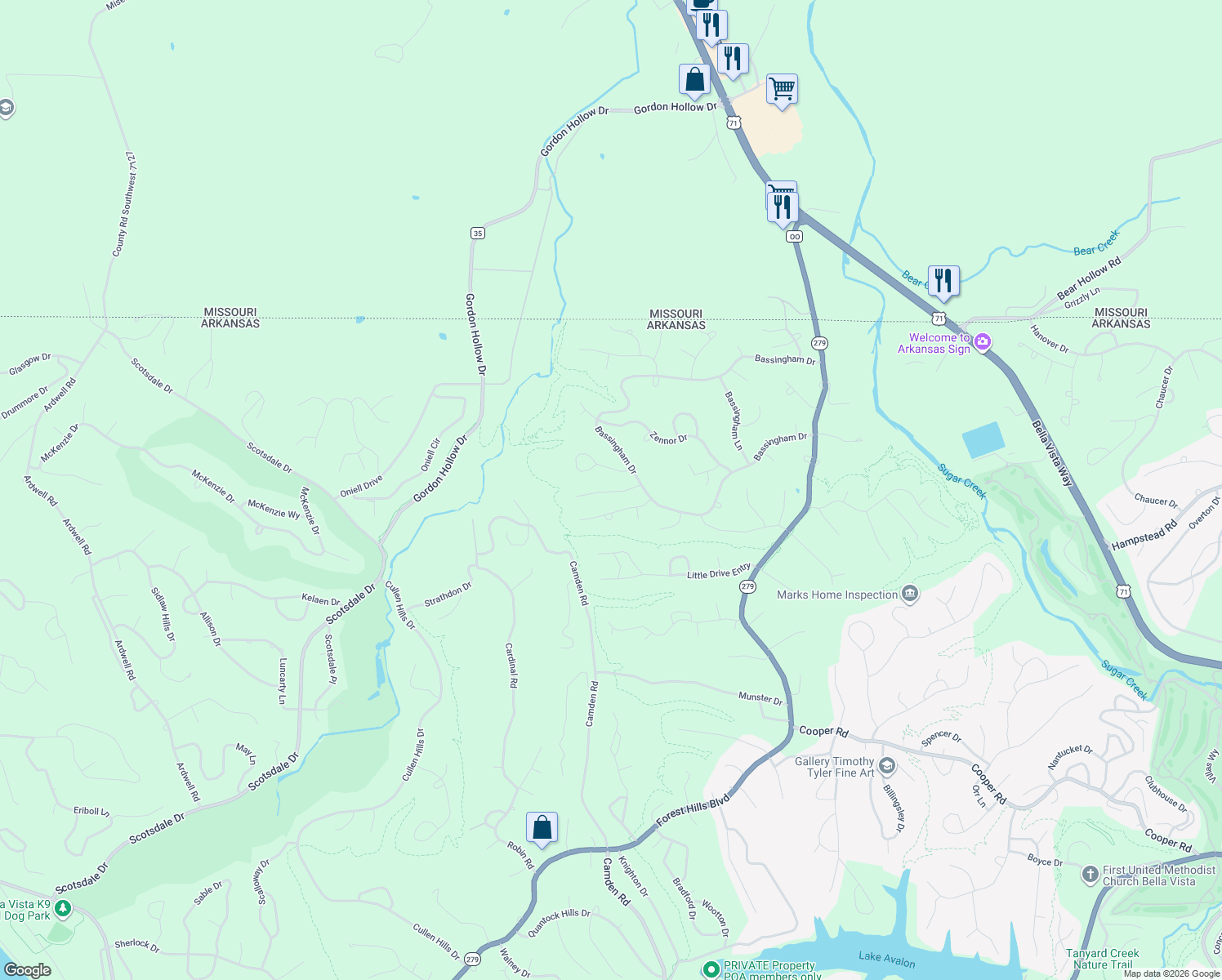 map of restaurants, bars, coffee shops, grocery stores, and more near 11 Buckden Lane in Bella Vista