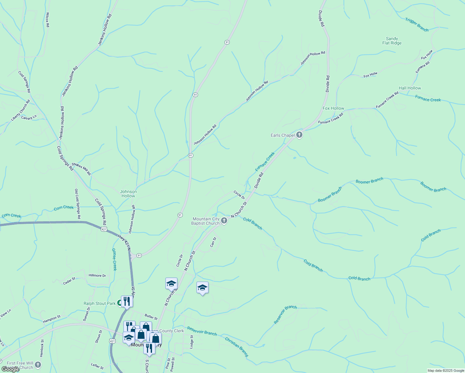 map of restaurants, bars, coffee shops, grocery stores, and more near 128 Circle View Drive in Mountain City