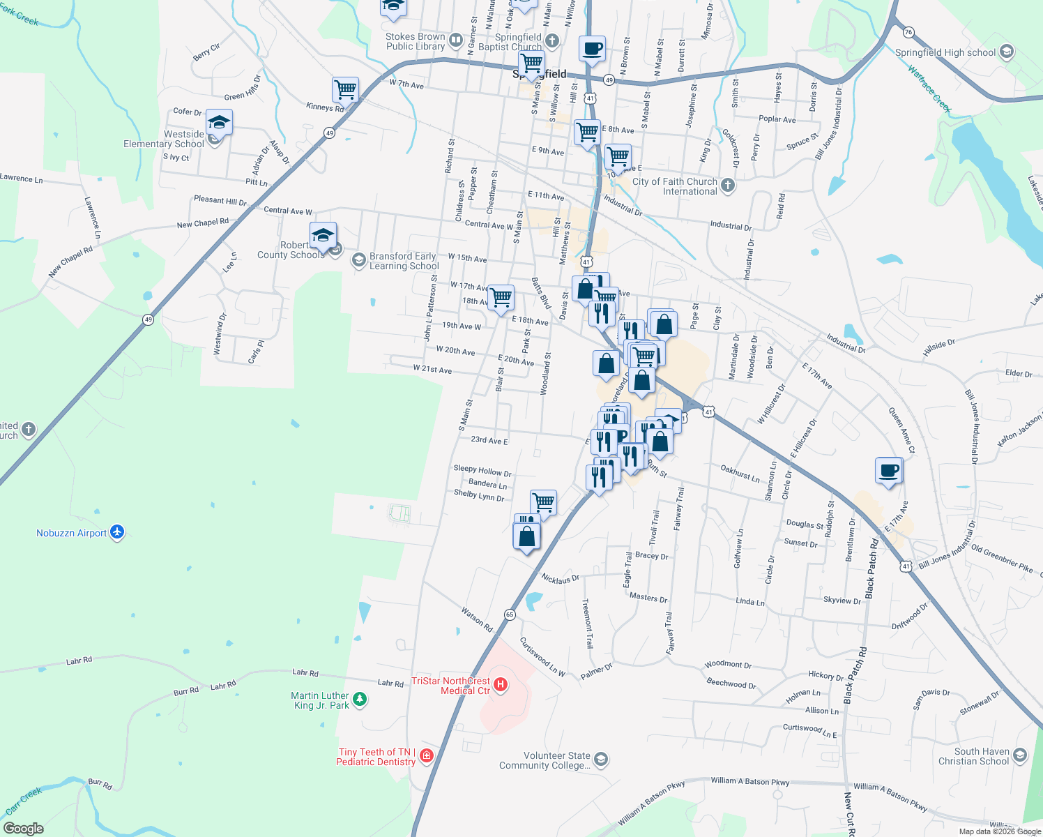 map of restaurants, bars, coffee shops, grocery stores, and more near 2117 Carter Street in Springfield
