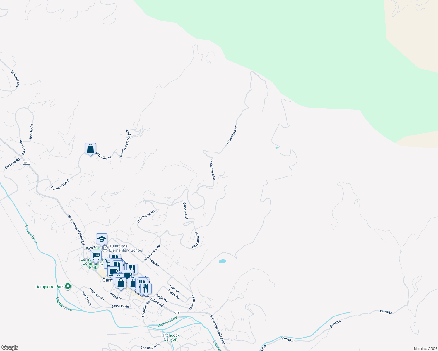 map of restaurants, bars, coffee shops, grocery stores, and more near 405 El Caminito Road in Carmel Valley