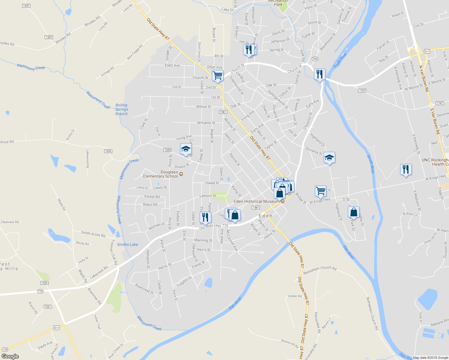map of restaurants, bars, coffee shops, grocery stores, and more near 424 Glenn Street in Eden