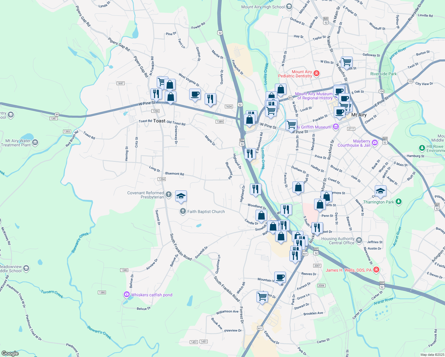map of restaurants, bars, coffee shops, grocery stores, and more near 284 Bluemont Road in Mount Airy