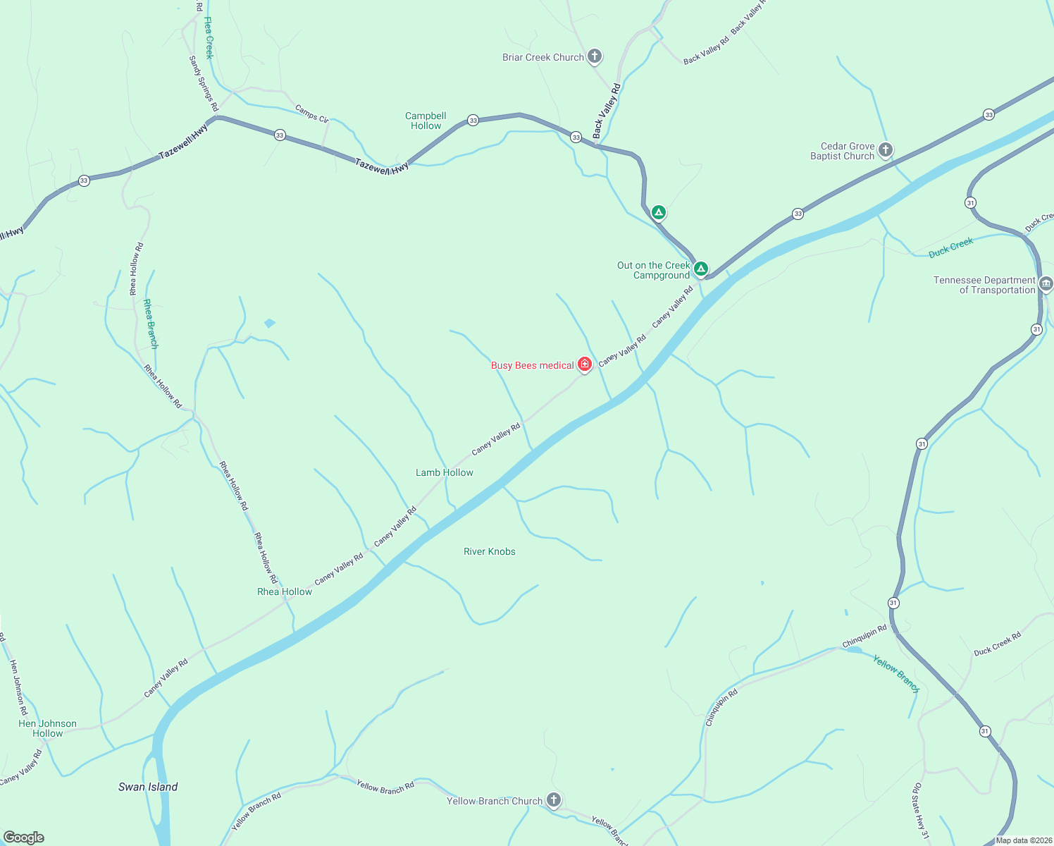 map of restaurants, bars, coffee shops, grocery stores, and more near 739 Caney Valley Road in Sneedville