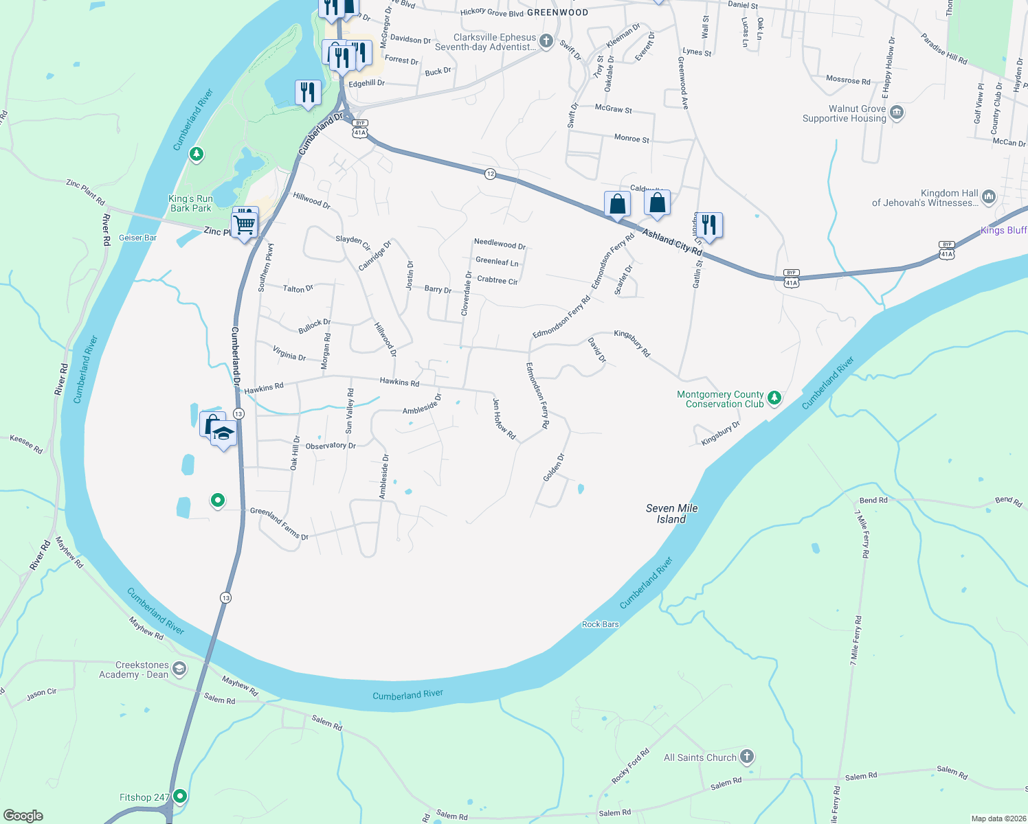 map of restaurants, bars, coffee shops, grocery stores, and more near 421 Jen Hollow Road in Clarksville