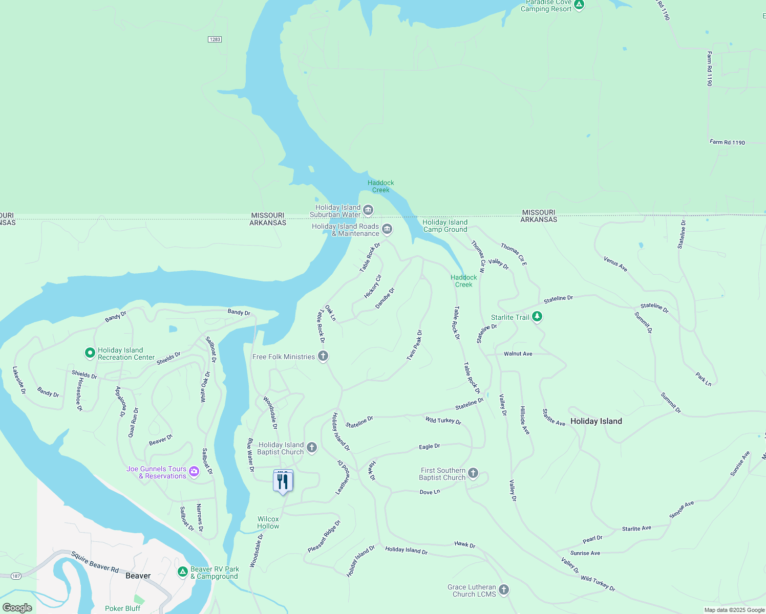 map of restaurants, bars, coffee shops, grocery stores, and more near 18 Danube Drive in Holiday Island