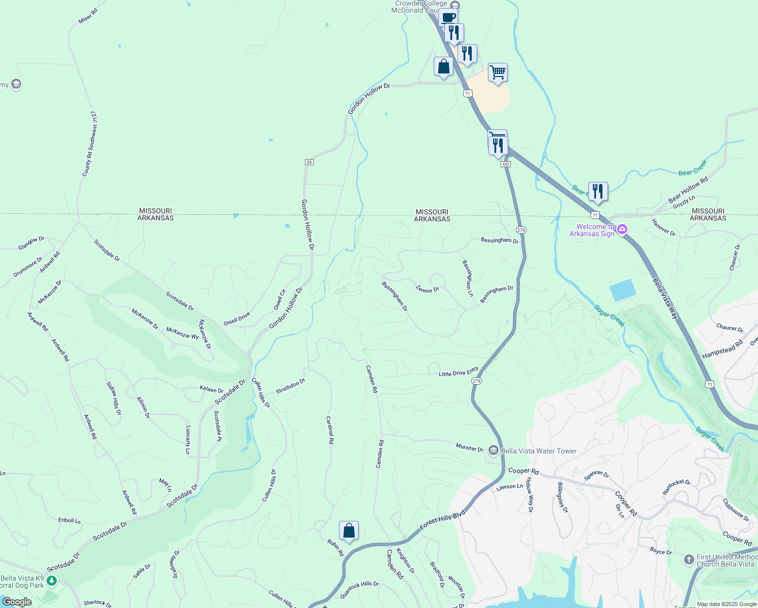 map of restaurants, bars, coffee shops, grocery stores, and more near 13 Middleborough Drive in Bella Vista