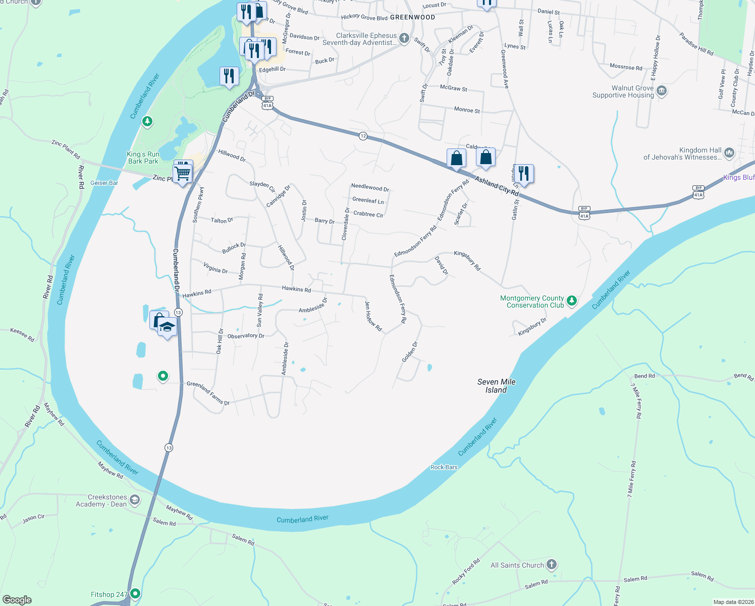 map of restaurants, bars, coffee shops, grocery stores, and more near 421 Jen Hollow Road in Clarksville