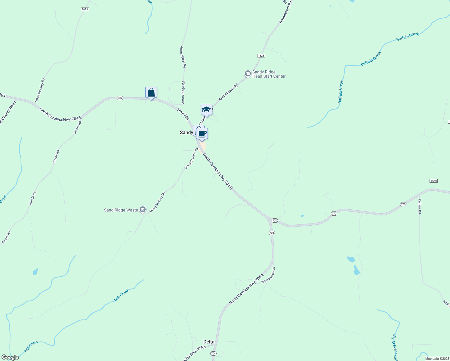 map of restaurants, bars, coffee shops, grocery stores, and more near 5151 North Carolina 704 in Sandy Ridge