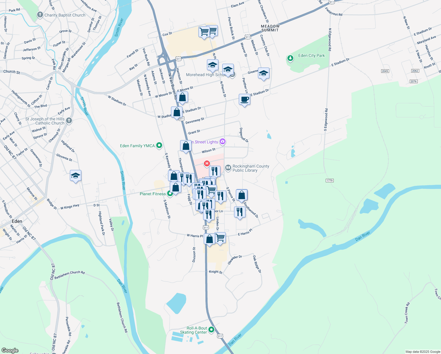 map of restaurants, bars, coffee shops, grocery stores, and more near 212 East Kings Highway in Eden