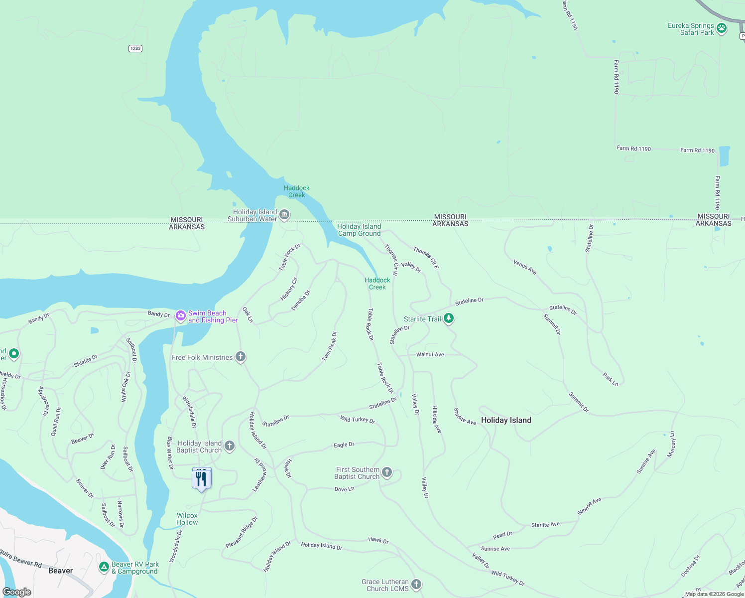 map of restaurants, bars, coffee shops, grocery stores, and more near 155 Table Rock Drive in Eureka Springs
