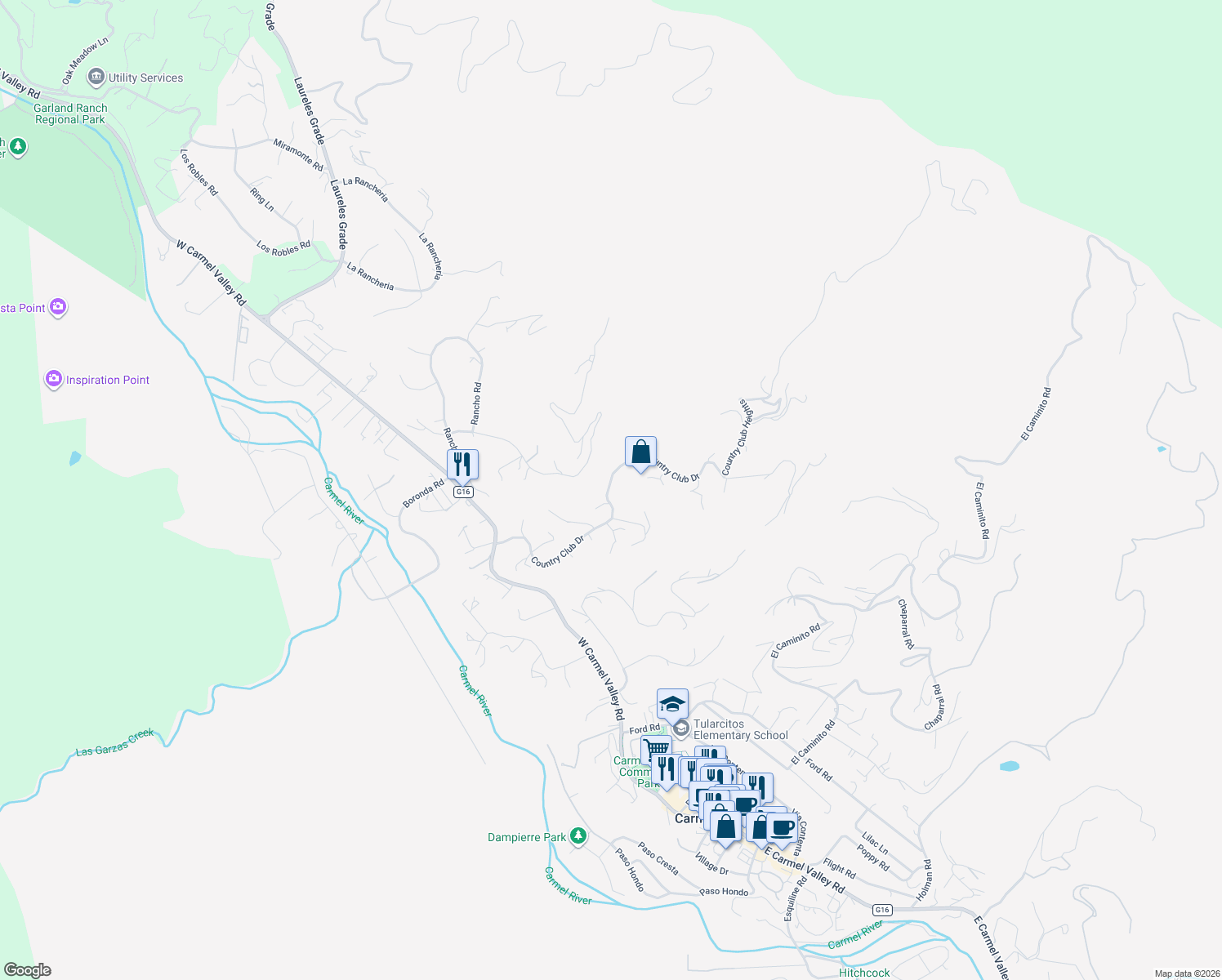 map of restaurants, bars, coffee shops, grocery stores, and more near 365 Country Club Drive in Carmel Valley