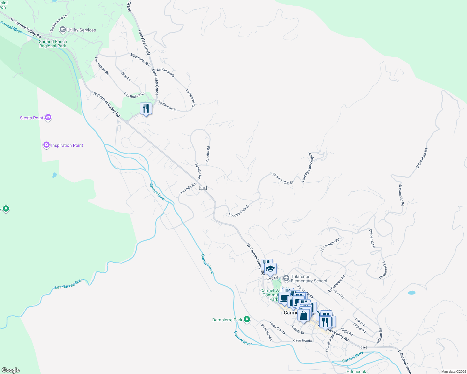 map of restaurants, bars, coffee shops, grocery stores, and more near 206 Country Club Drive in Carmel Valley