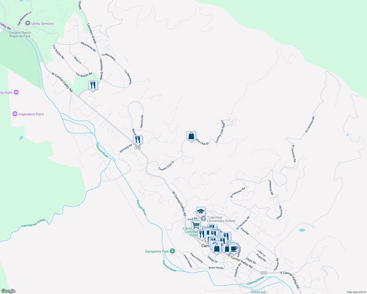 map of restaurants, bars, coffee shops, grocery stores, and more near 365 Country Club Drive in Carmel Valley