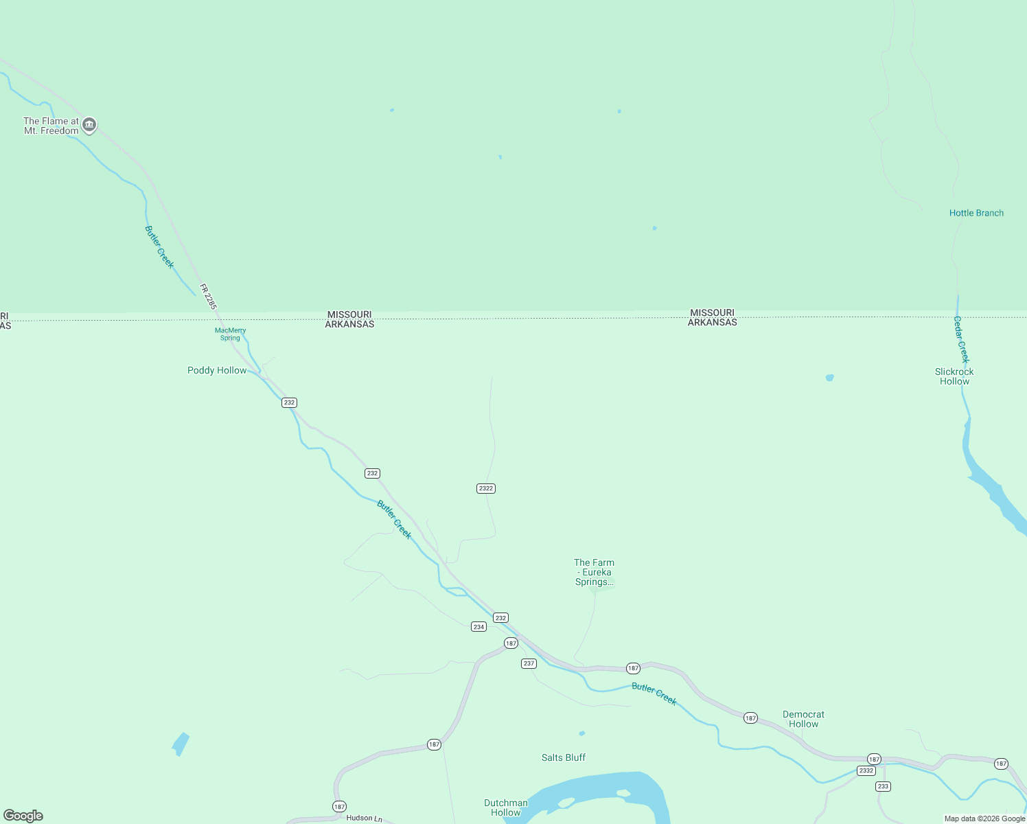 map of restaurants, bars, coffee shops, grocery stores, and more near County Road 2322 in Eureka Springs