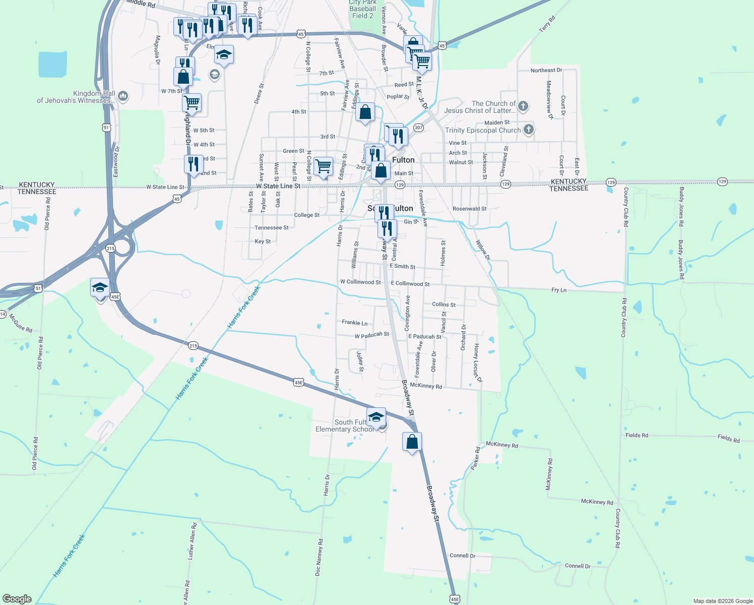 map of restaurants, bars, coffee shops, grocery stores, and more near 106 Barbara St in South Fulton