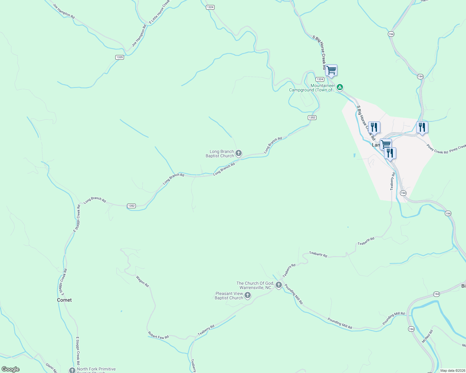 map of restaurants, bars, coffee shops, grocery stores, and more near 1195 Long Branch Road in Lansing