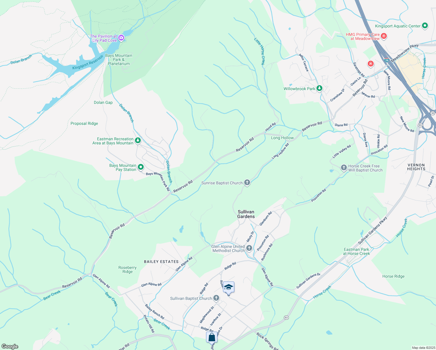 map of restaurants, bars, coffee shops, grocery stores, and more near 3125 Reservoir Road in Kingsport
